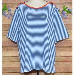 Multiples Blue Striped Plus 3X Button Shoulder Boat Neck Nautical Top Casual